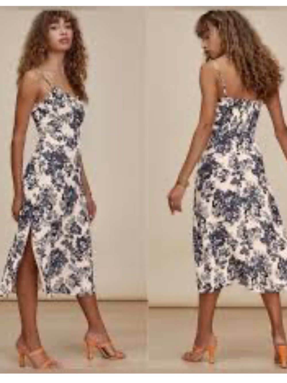 Reformation Cassandra size 4 White Midi Dress with Navy Floral Print